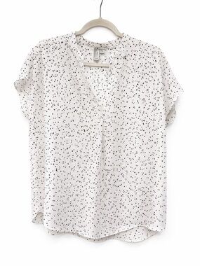 Joie Women Blouse Short Sleeve Split Neck Polka Dot Lightweight White Black M